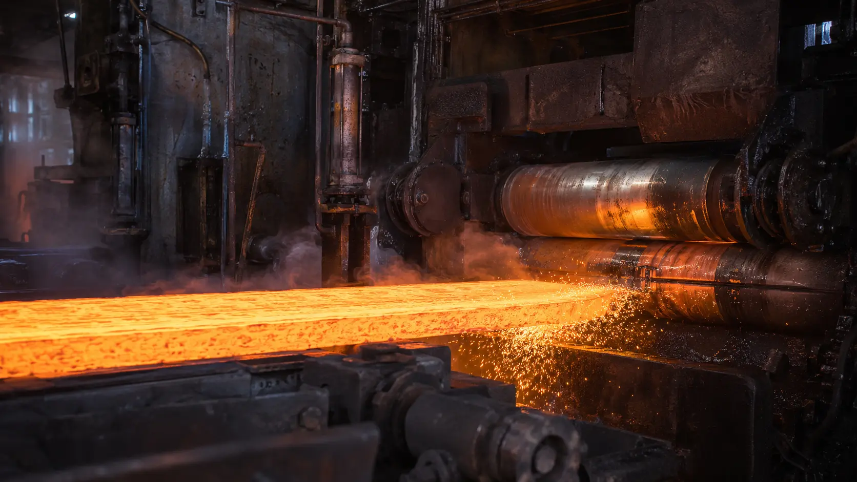 Close-up view of red-hot glowing steel strip being processed through industrial hot rolling mill rollers