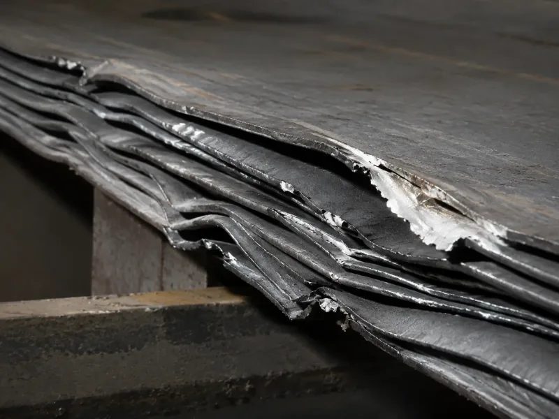 Photograph showing cobbling defect on hot-rolled steel strip with overlapping layers and surface tearing
