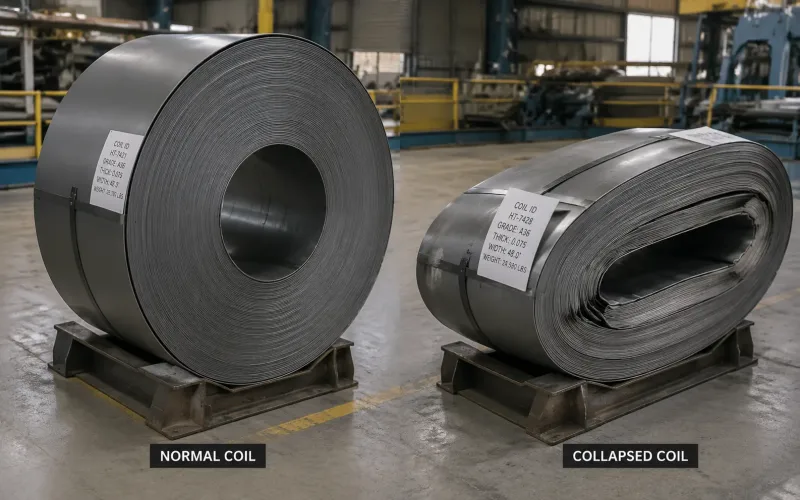 Photograph of a collapsed oval-shaped steel coil on industrial coil storage rack compared to a normal round coil