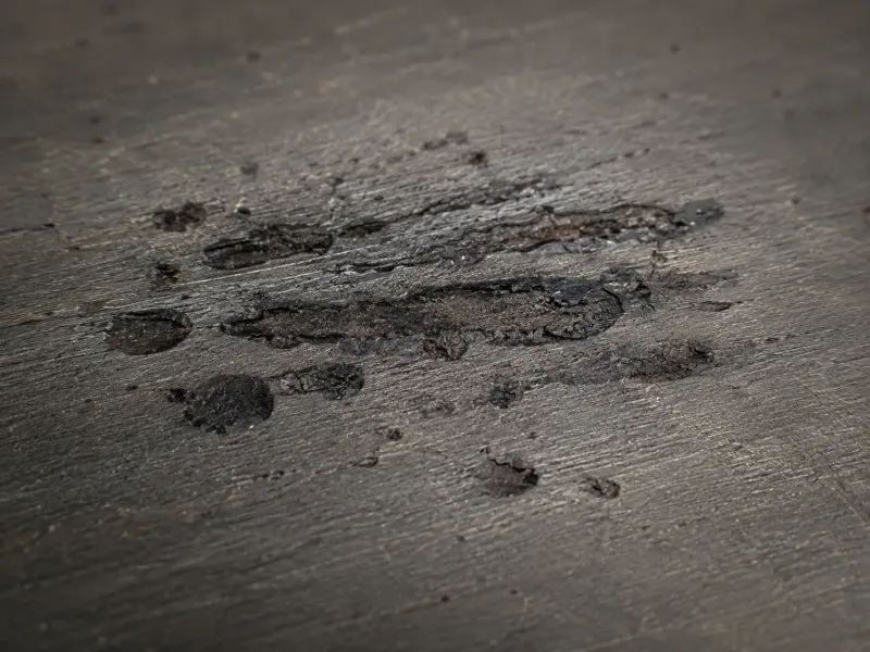Macro close-up photograph of rolled-in scale defect on hot-rolled steel strip surface showing dark irregular oxide patches