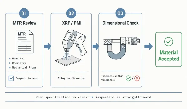 Flowchart showing three-step incoming material verification: MTR review, XRF testing, and dimensional measurement