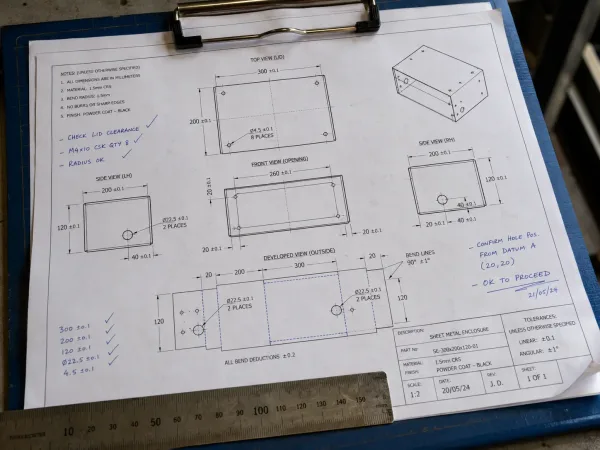 A technical engineering drawing with dimensional callouts and handwritten inspection notes on a clipboard