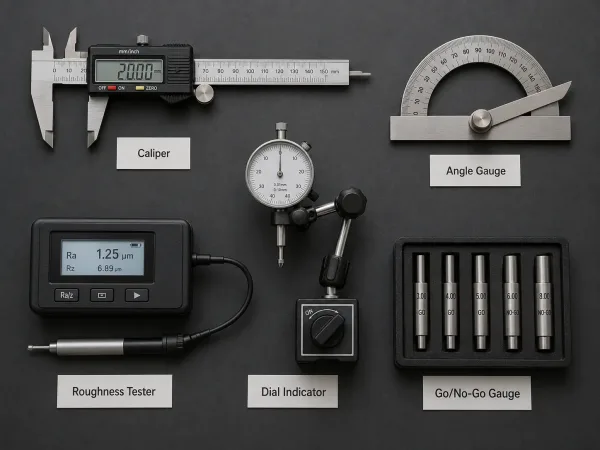 Flat lay of sheet metal inspection tools including digital caliper, angle gauge, surface roughness tester and go-no-go gauge on a dark surface