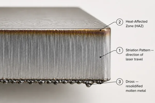 Close-up diagram of a laser-cut sheet metal edge showing striations, heat-affected zone, and dross formation