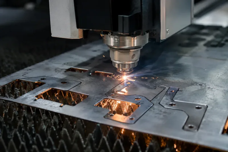 Fiber laser cutting machine cutting custom bracket profiles from a flat steel sheet during make-to-order production