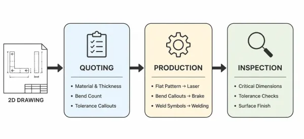 Flowchart showing three stages of how a manufacturer reads a 2D drawing: quoting, production, and inspection, with the key information extracted at each stage