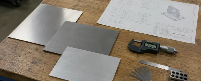 Flat sheet metal panels and technical specification documents on a fabrication workshop table