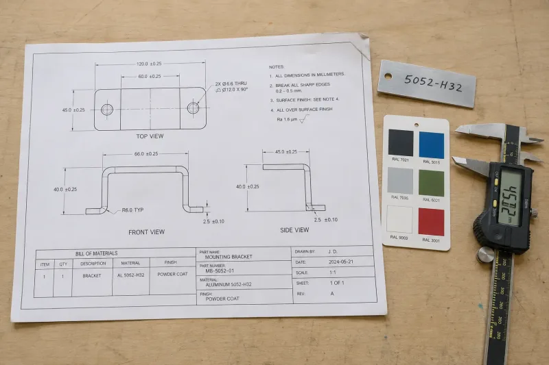Printed 2D engineering drawing of a sheet metal bracket with dimension callouts, material sample tag, and surface finish swatches on a workshop desk for supplier communication
