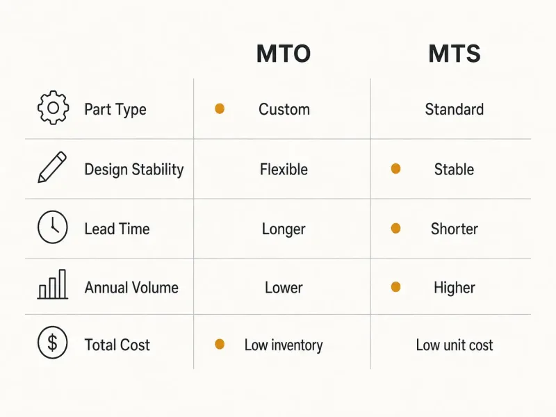 Comparison diagram of five factors determining whether to use make-to-order or make-to-stock production: part type, design stability, lead time, annual volume, and total cost