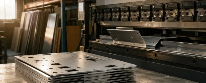 Freshly laser-cut aluminum enclosure panels on a workbench in a sheet metal fabrication workshop with a CNC press brake in the background