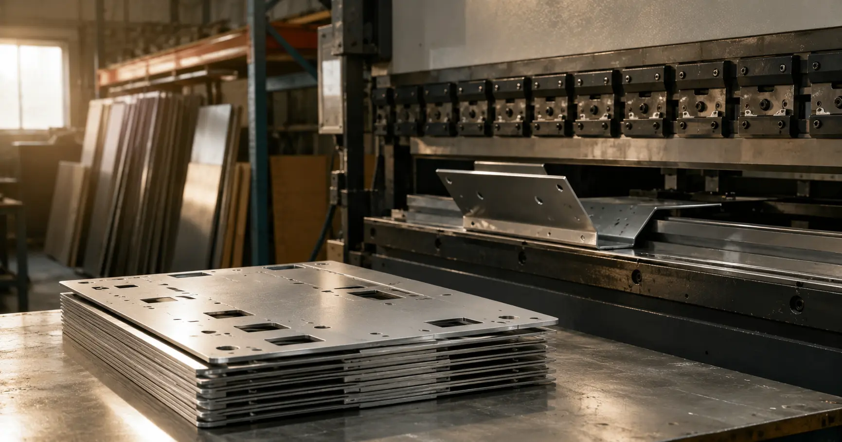 Freshly laser-cut aluminum enclosure panels on a workbench in a sheet metal fabrication workshop with a CNC press brake in the background