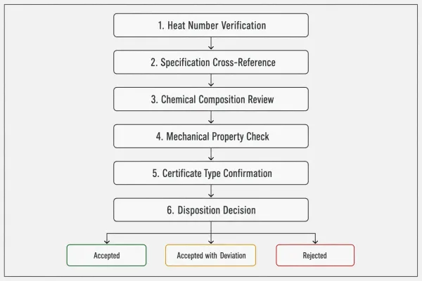 Six-step MTR review process flowchart from heat number verification to disposition decision