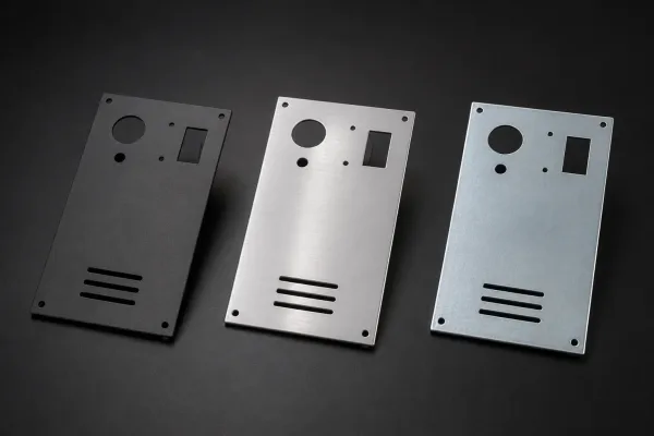 Three sheet metal panels showing different surface finishes: matte powder coating, clear anodizing, and zinc plating with chromate conversion