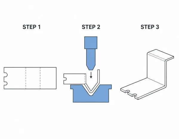 Three-step bending sequence diagram showing a flat blank progressing through press brake forming to produce a finished L-bracket
