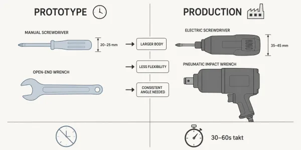 Side-by-side comparison diagram of prototype manual tools versus production power tools with size and capability differences annotated