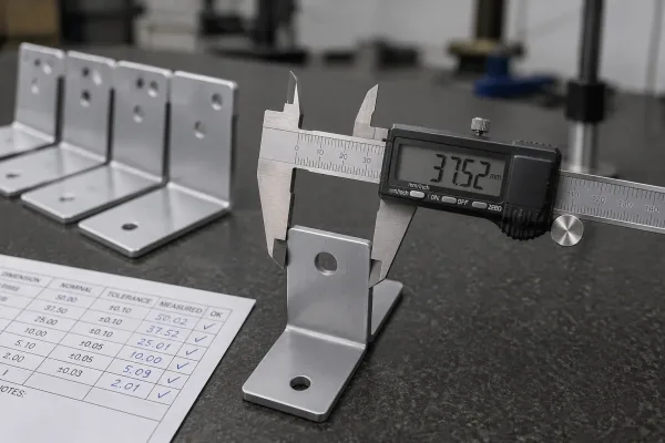 Digital caliper measuring the flange dimension of a bent sheet metal bracket during quality inspection on a granite surface plate