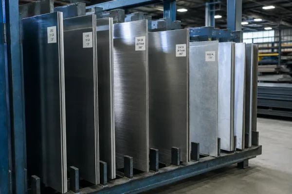Stacked sheet metal stock panels including cold-rolled steel, stainless steel, and aluminum stored vertically in a fabrication warehouse rack