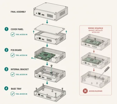 Reverse assembly sequence flowchart showing component-by-component tool access verification for a sheet metal enclosure