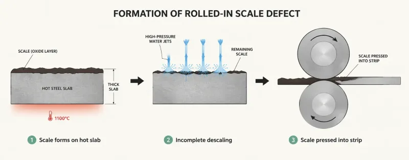 Technical cross-section diagram showing how oxide scale forms and gets pressed into steel strip surface during hot rolling