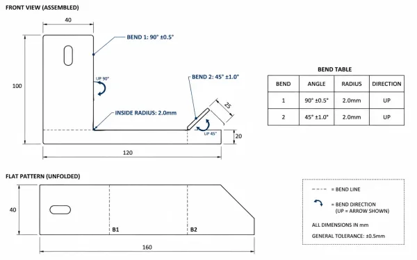 2D engineering drawing of a sheet metal bracket showing bend line locations, bend angles, inside radii, bend direction arrows, and an accompanying bend table