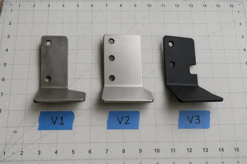 Three iterative versions of a sheet metal bracket prototype labeled V1, V2, and V3 with incremental design changes on a technical cutting mat
