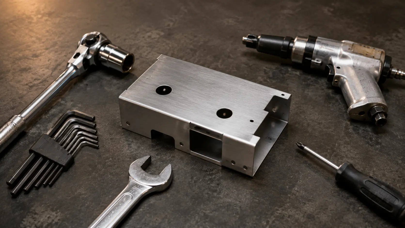 Sheet metal enclosure surrounded by assembly tools demonstrating tool clearance challenges