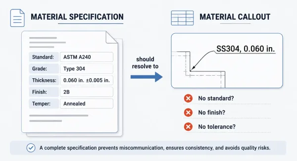 Side-by-side comparison of a full material specification versus a shorthand material callout on a drawing