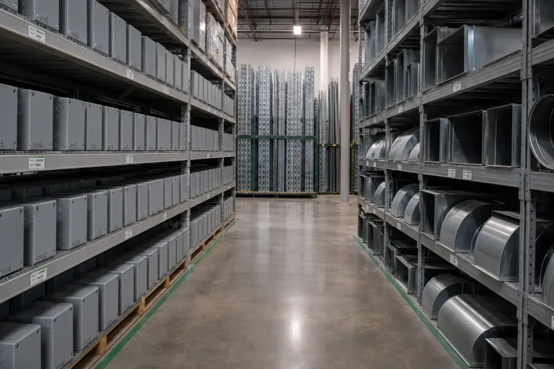 Warehouse aisle displaying standardized sheet metal products including junction boxes, cable trays, and HVAC duct fittings ready for make-to-stock purchase