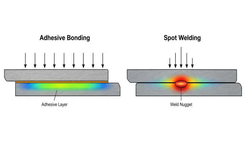 Engineering diagram comparing stress distribution between adhesive bonding and spot welding on sheet metal lap joints