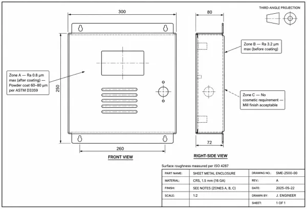 Example engineering drawing showing correct surface requirement callouts with roughness, treatment, and zone annotations on a sheet metal part