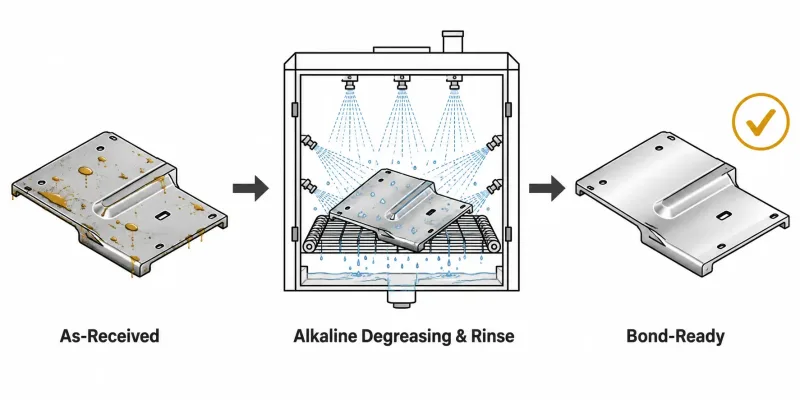 Surface preparation workflow for sheet metal adhesive bonding showing degreasing and cleaning stages from as-received to bond-ready