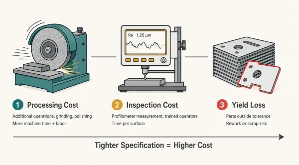 Infographic showing three cost factors of tighter surface requirements — processing, inspection, and yield loss