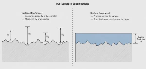 Cross-section diagram comparing surface roughness on bare metal versus surface treatment coating layer on sheet metal