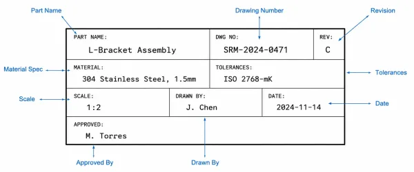 Annotated close-up of a standard engineering drawing title block showing fields for part name, drawing number, revision, material, tolerances, scale, and approval