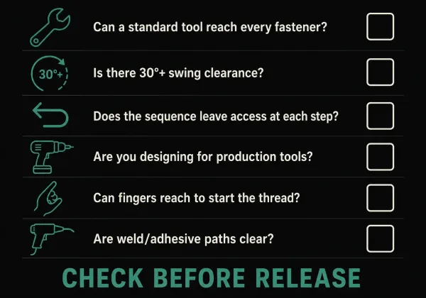 Six-point tool access design checklist infographic for sheet metal assembly review before drawing release