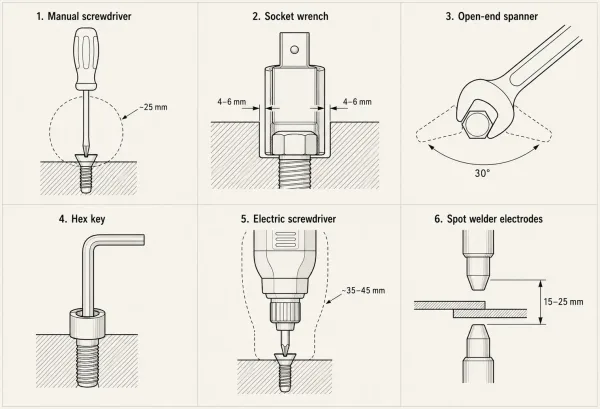Cross-section technical diagram showing minimum clearance requirements for six common sheet metal assembly tools