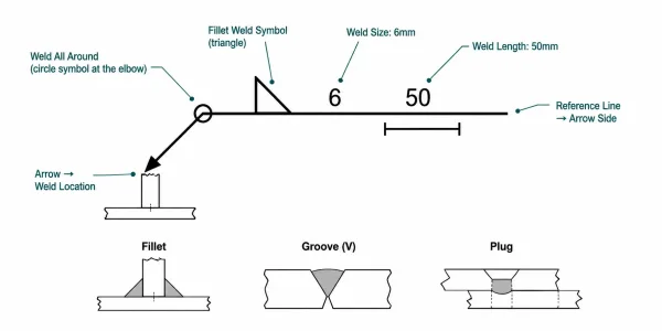 Annotated diagram explaining the components of a standard AWS weld symbol including reference line, arrow, weld type, size, length, and all-around indicator, with three joint type cross-sections below
