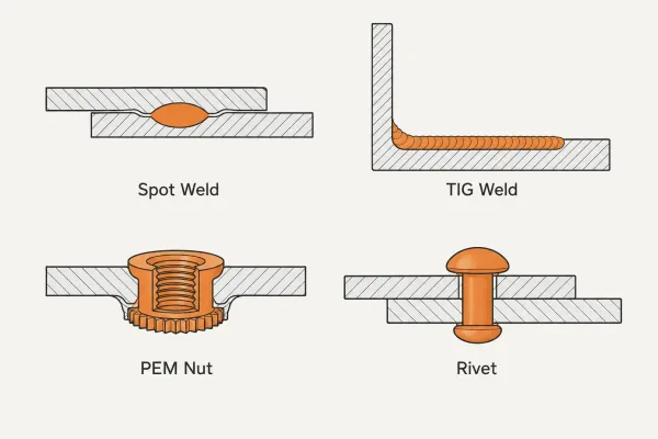 Comparison diagram of four common sheet metal joining methods: spot welding, TIG welding, self-clinching nut insertion, and riveting