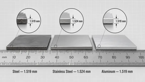 Cross-section comparison of 16-gauge steel, stainless steel, and aluminum showing slight thickness differences