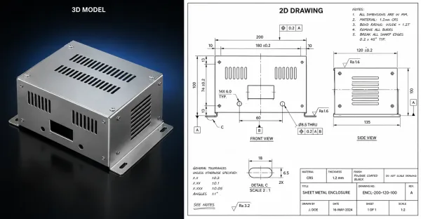 Side-by-side comparison of a sheet metal enclosure shown as a 3D CAD model and a 2D engineering drawing