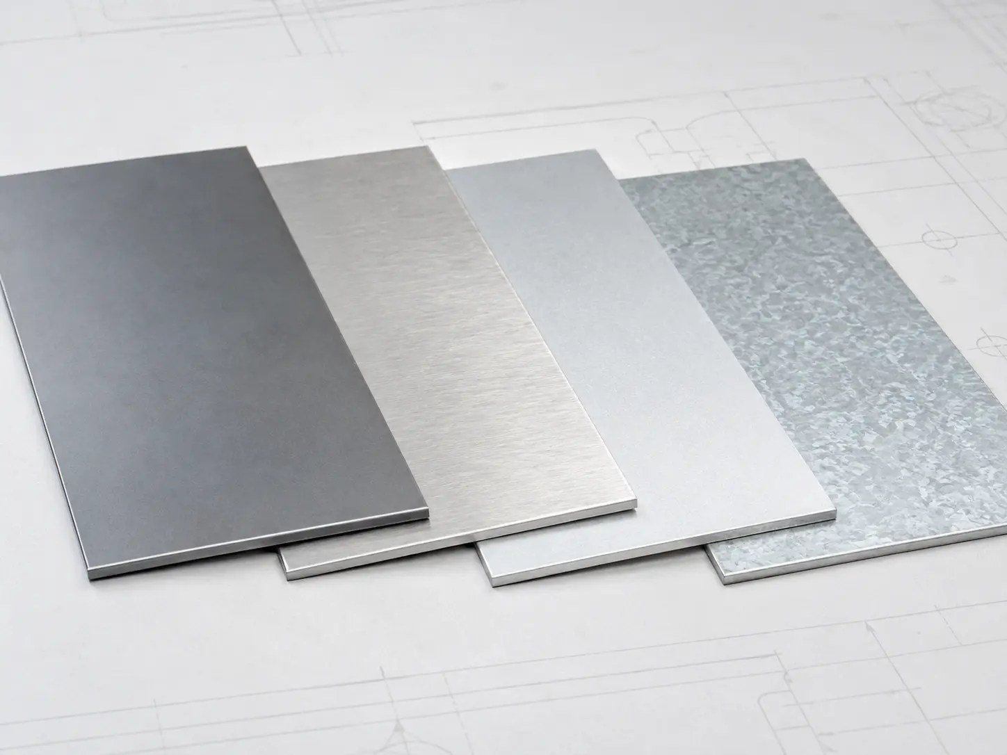 Cold rolled steel, 304 stainless steel, 5052 aluminum, and galvanized steel samples for sheet metal material comparison