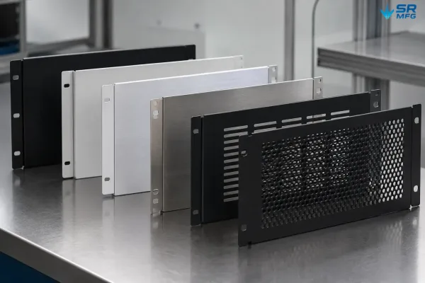 Custom 4U rack blanking panels with different materials colors hole patterns and mounting designs