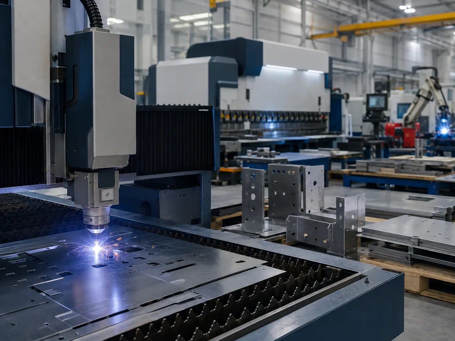 Sheet metal fabrication including laser cutting bending welding and stamping