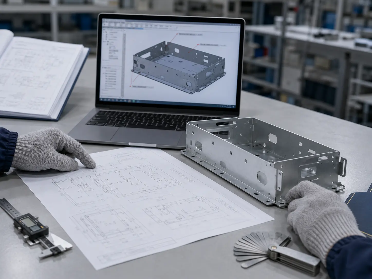 Engineer reviewing a sheet metal drawing, CAD model, and fabricated part to align international drawing standards and manufacturing requirements