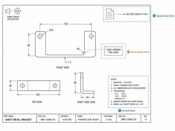 Diagram showing three standard locations for heat treatment callouts on an engineering drawing