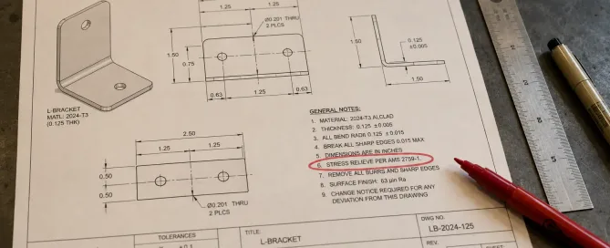 Engineering drawing of a formed sheet metal bracket with heat treatment callout annotation