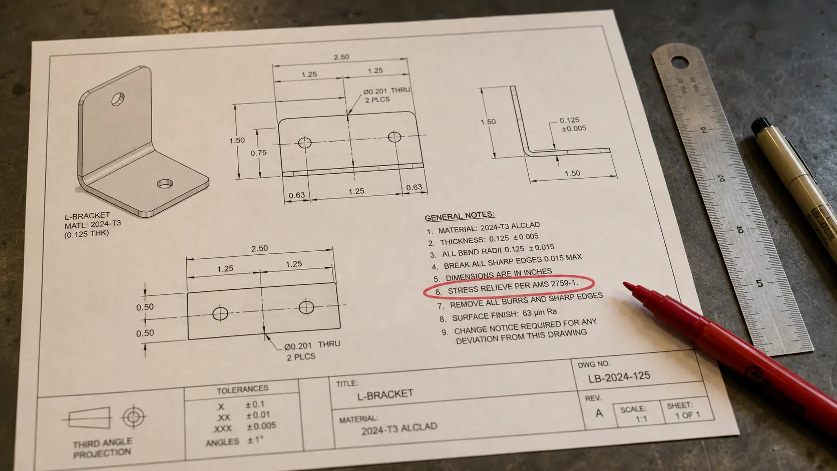 Engineering drawing of a formed sheet metal bracket with heat treatment callout annotation