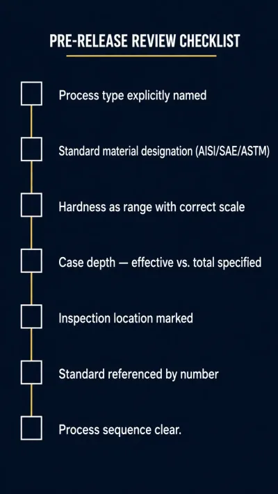 Pre-release checklist for reviewing heat treatment callouts on production drawings