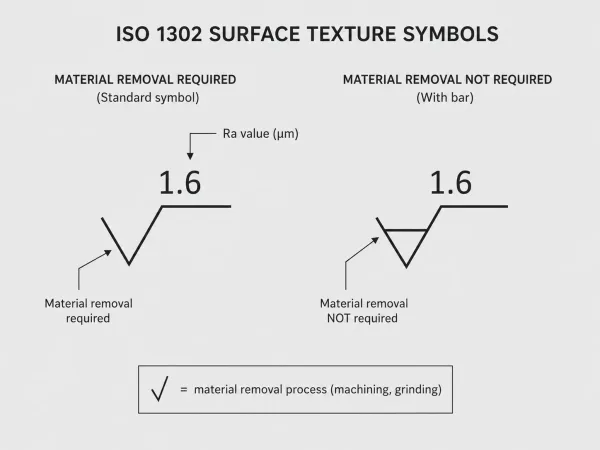 Engineering drawing callout symbols for surface roughness per ISO 1302 with annotations explaining each part