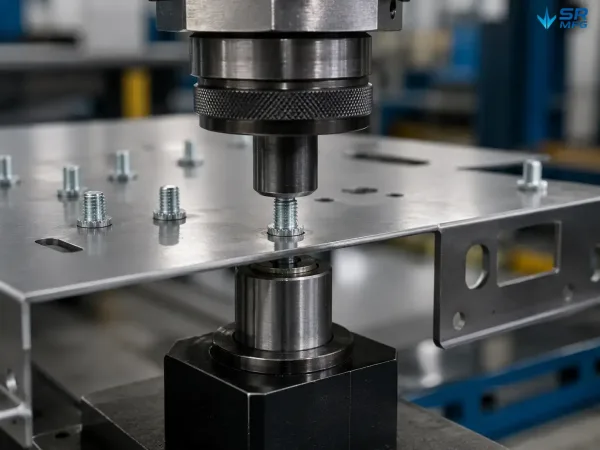 Self-clinching stud being installed into sheet metal using a precision press